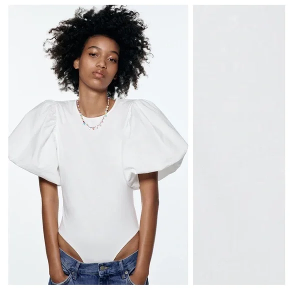 Zara | Tops | Nwt Zara White Puff Sleeves Bodysuit Size S